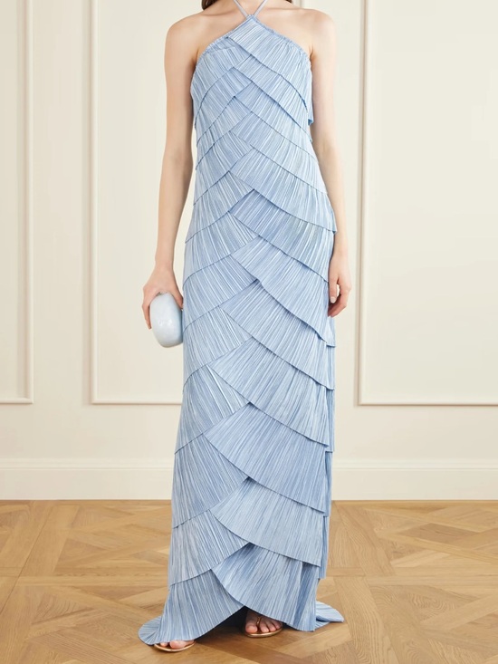 Lillie wardrobe Dresses & Skirts - Pleated Halter Maxi Dress in Light Blue
